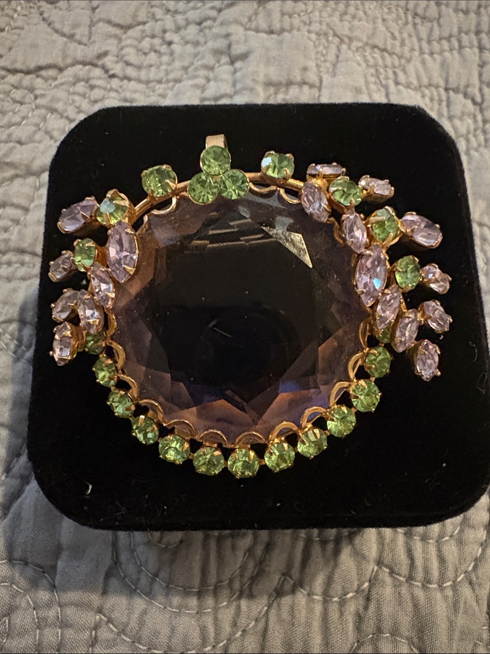 Vintage-Inspired Purple and Green Crystal Pendant Necklace/Brooch